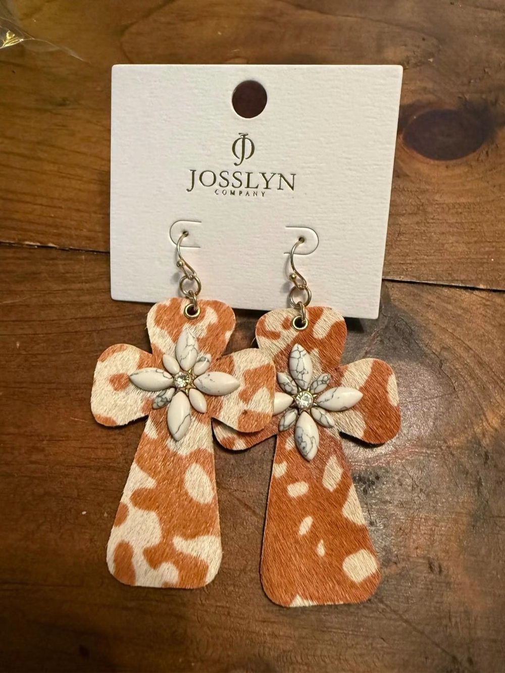 Brown Ivory Cowhide Cross Earrings with Floral Accent